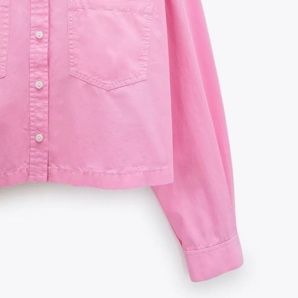 NWT Zara Cropped Shirt Baby Pink Button Down With Pockets Size Large - Picture 6 of 6